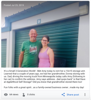 A screenshot of Applewood Storage's Google My Business post, showing a customer story with 64 total post views.