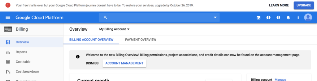 Screenshot of Google Cloud message to upgrade your account.
