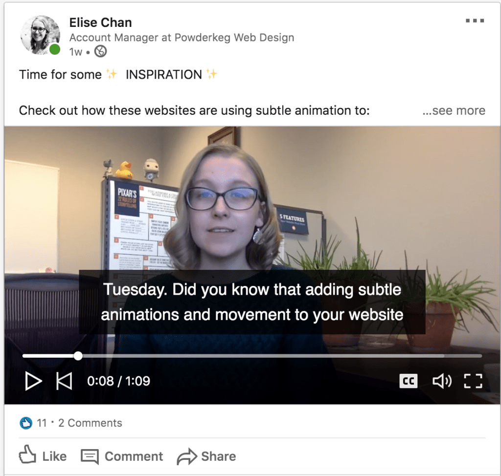 Screenshot of Elise within a LinkedIn feed, showcasing an example of a video with closed captioning. 