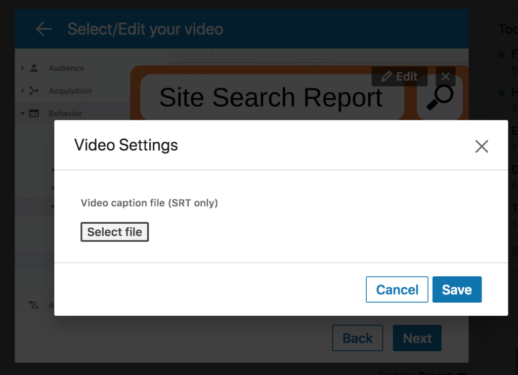 Screenshot of the Video Settings screen with the SRT file upload option