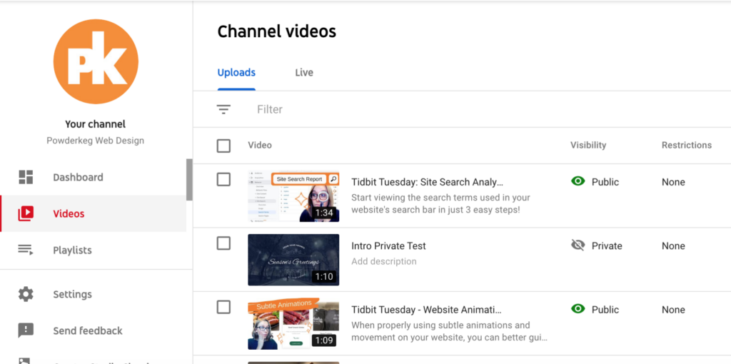 View of YouTube Studio selecting the Videos menu options.