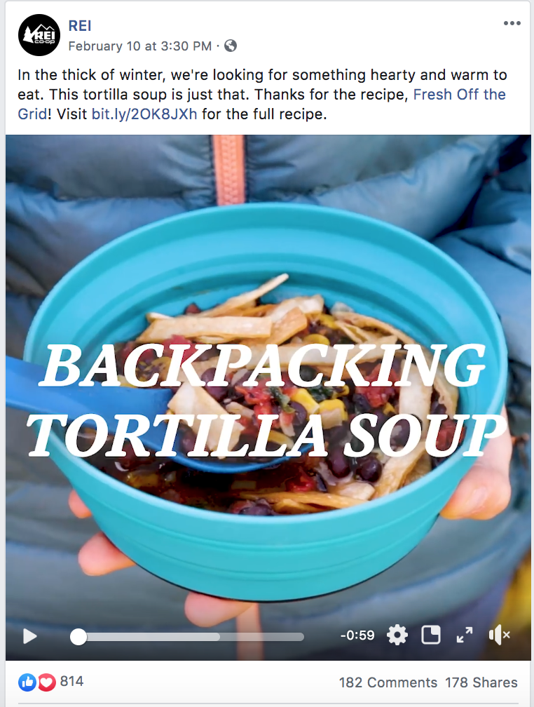 Screenshot of an REI Facebook video showing how to make Tortilla Soup.