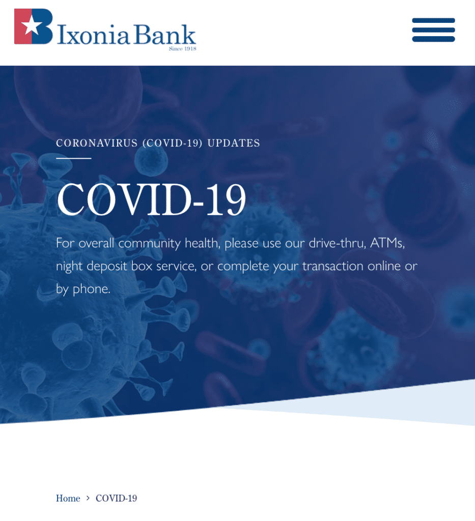 Screenshot of the Ixonia Bank COVID landing page.