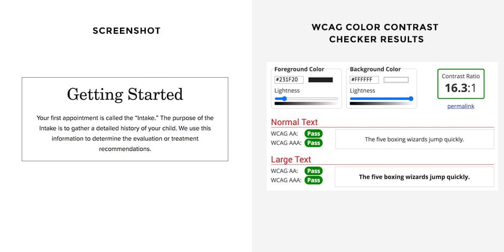 This image shows that the color contrast ratios of the white background and black text do meet WCAG guidelines.