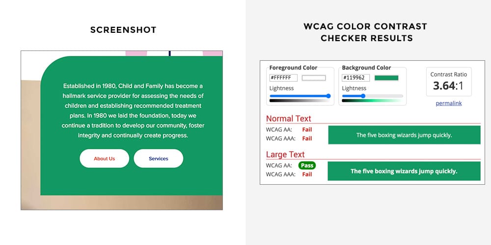 This image shows that the color contrast ratios of the green background and white text do meet WCAG guidelines.