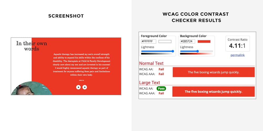 This image shows that the color contrast ratios of the red background and white text do meet WCAG guidelines.