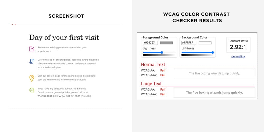 This image shows that the color contrast ratios of the light gray text fail to meet WCAG guidelines.