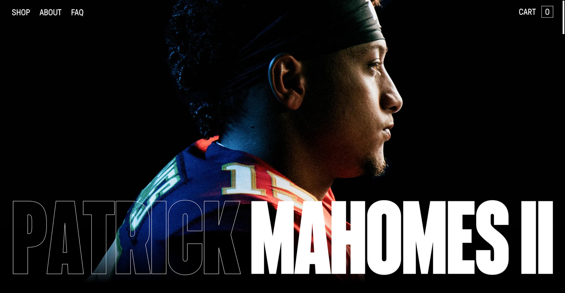 Image shows a screen shot of Patrick Mahomes' website - a picture of Patrick Mahomes with his name below it.