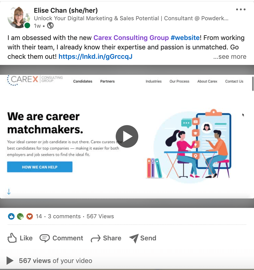 Screenshot of a LinkedIn post featuring a video of the Carex Consulting website