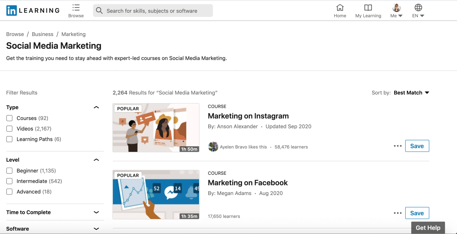 Screenshot of the LinkedIn Learning interface for marketing courses