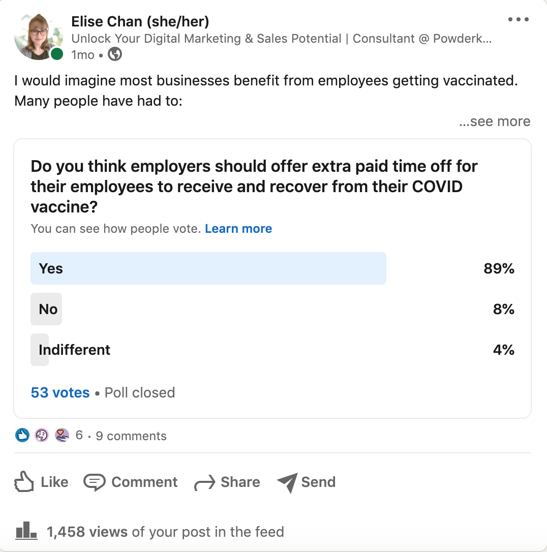 A screenshot of a poll Elise posted on LinkedIn asking if employers should offer time off for vaccines.