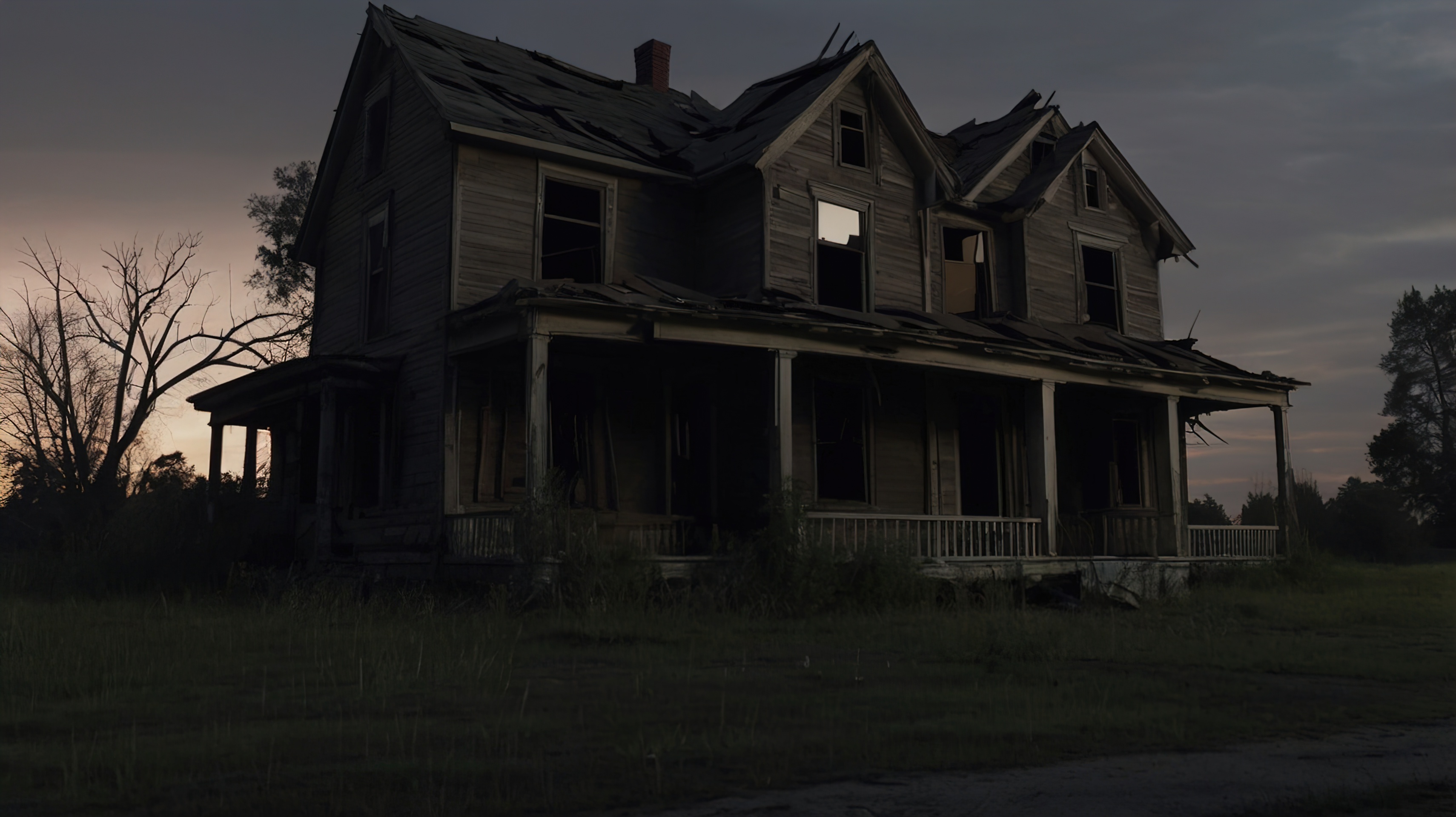 Abandoned haunted house at dusk with broken windows and eerie atmosphere.