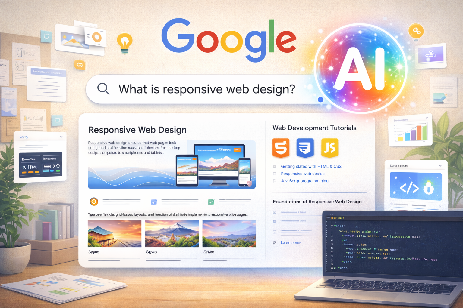 Google AI search interface displaying an explanation of responsive web design with device previews and web development tools.