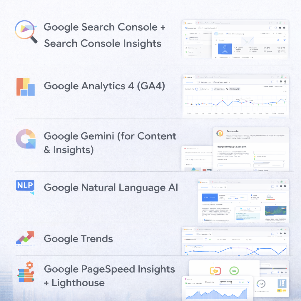 A visual list of Google tools including Search Console, GA4, Gemini, Natural Language AI, Google Trends, and PageSpeed Insights.