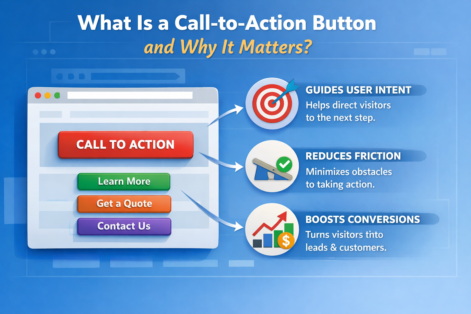 Illustration showing call-to-action buttons on a website and how they guide user intent, reduce friction, and increase conversions.
