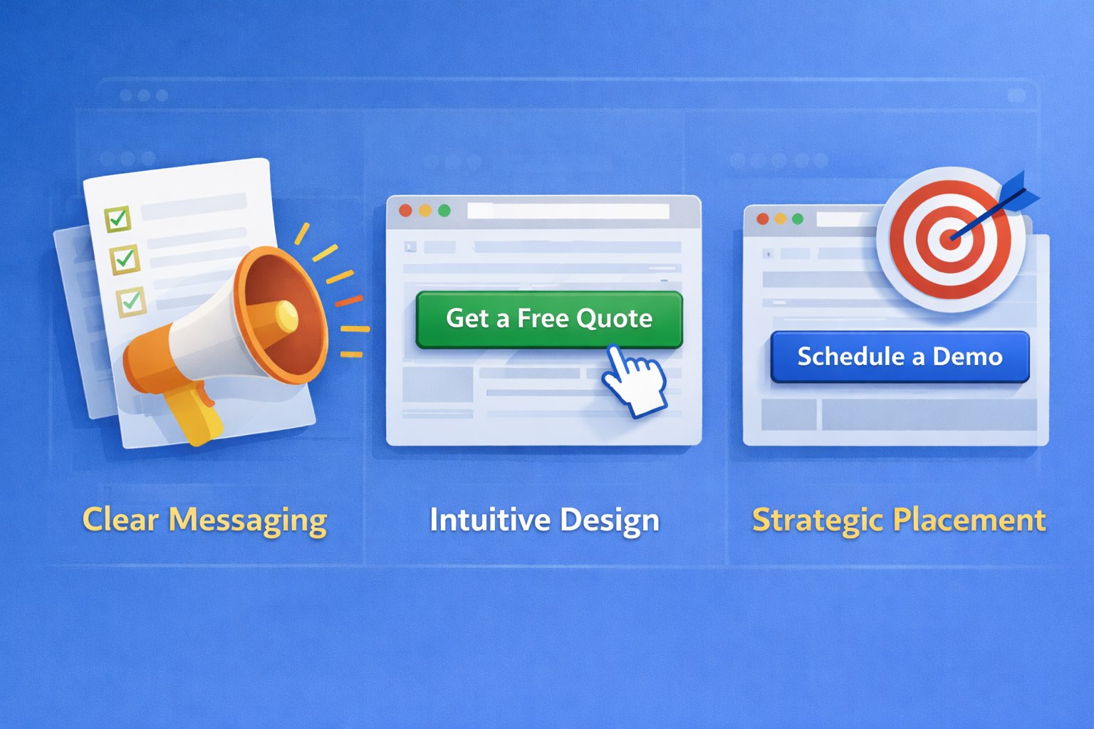 Illustration showing different call to action buttons on a website, highlighting clear messaging, intuitive design, and strategic placement.