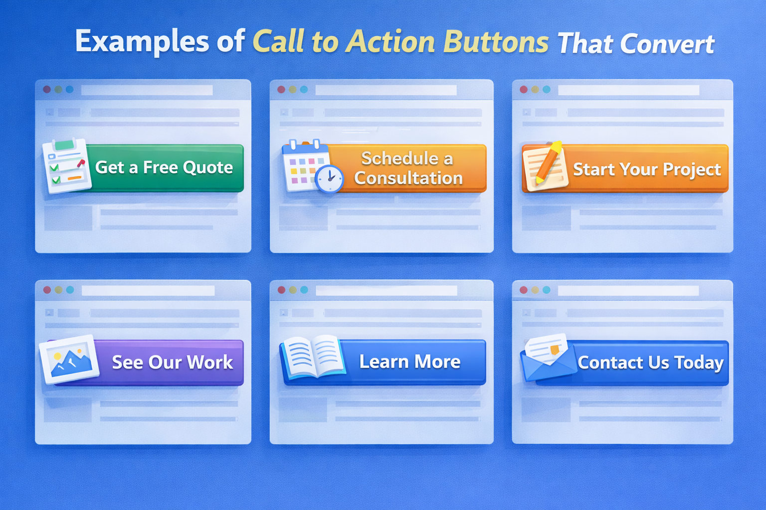 Illustration showing multiple examples of call to action buttons on website layouts, including Get a Free Quote, Schedule a Consultation, and Learn More.