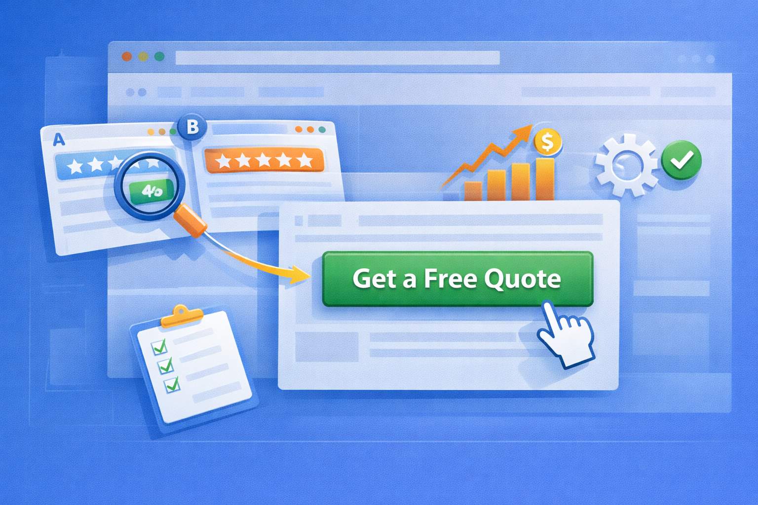 Illustration showing optimization of a call to action button through testing, analytics, and performance tracking.