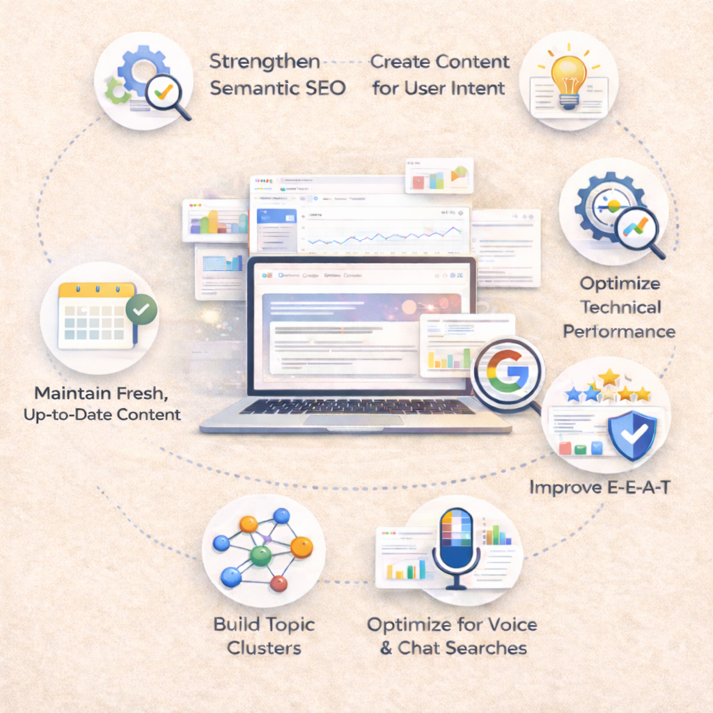 SEO optimization diagram highlighting strategies for AI-powered search, including semantic SEO, topic clusters, voice search, and technical performance.